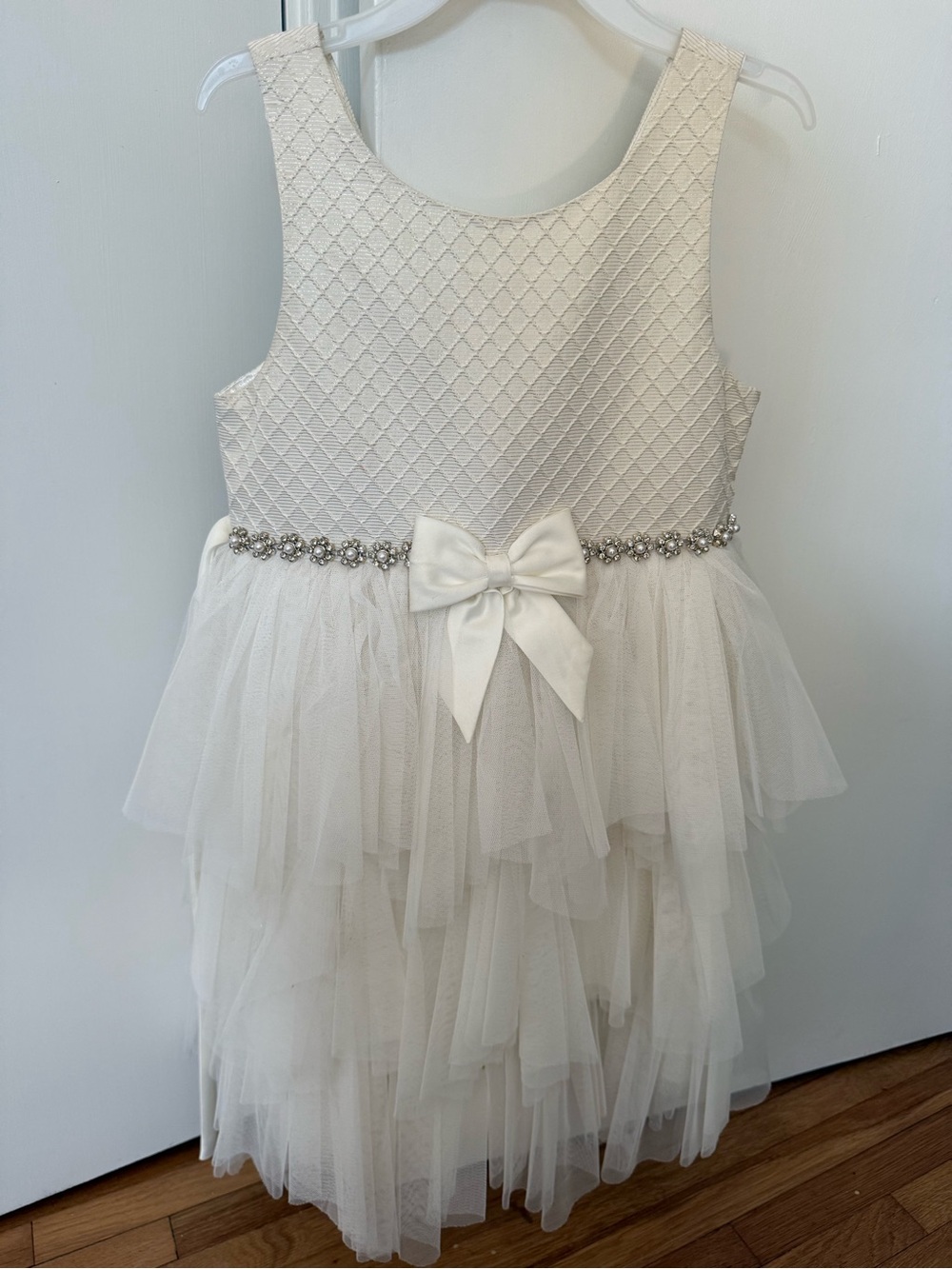 American Princess Ivory Bow & Jeweled-Tiered Tulle Dress